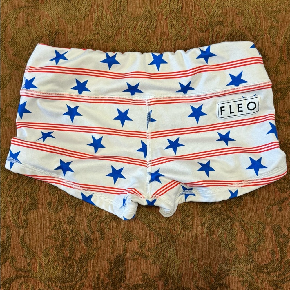 Red, white and blue Fleo workout shorts. Size small.